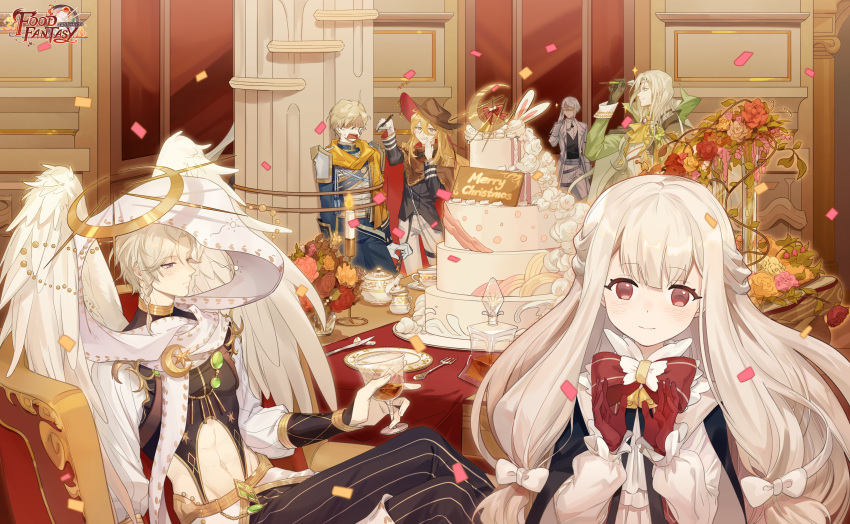 1girl, 5boys, absurdres, angel_wings, arrow_(projectile), blonde_hair, bouquet, bow