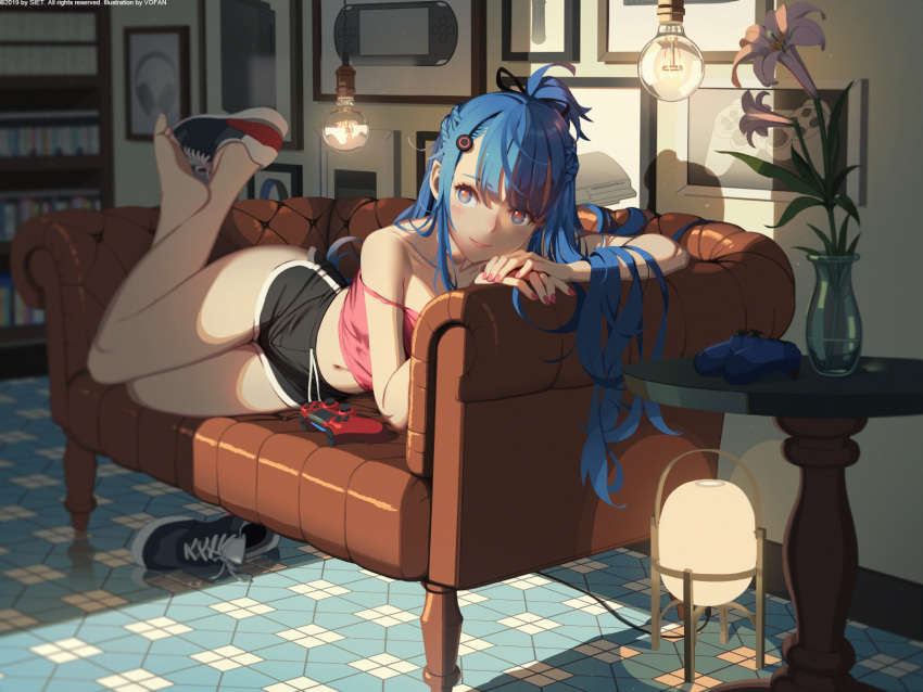 1girl, 2019, ai-chan_(playstation), bangs, bare_legs, barefoot, black_shorts, blue_eyes