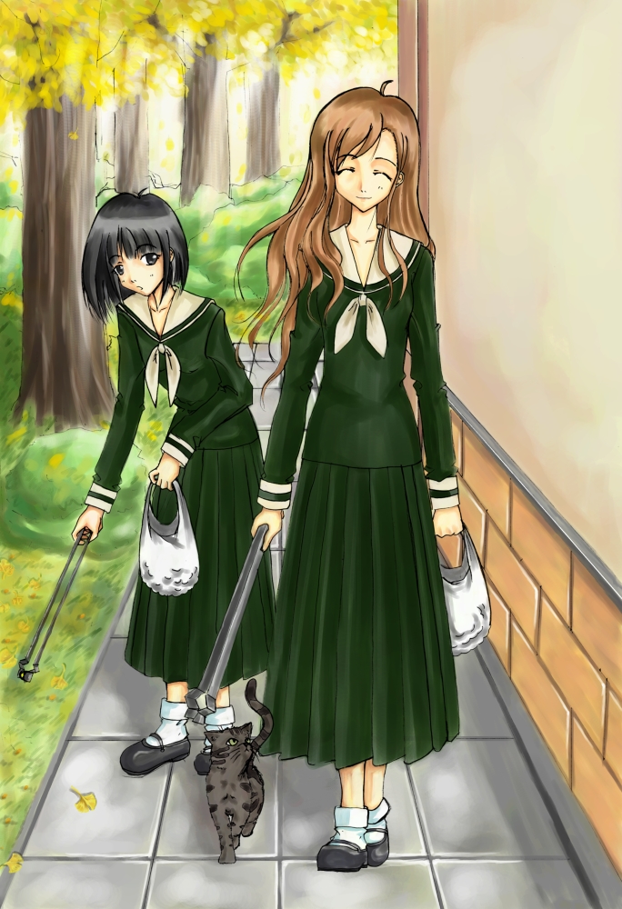 2girls, cat, closed_eyes, goronta, maria-sama_ga_miteru, mmp80, nijou_noriko, school_uniform