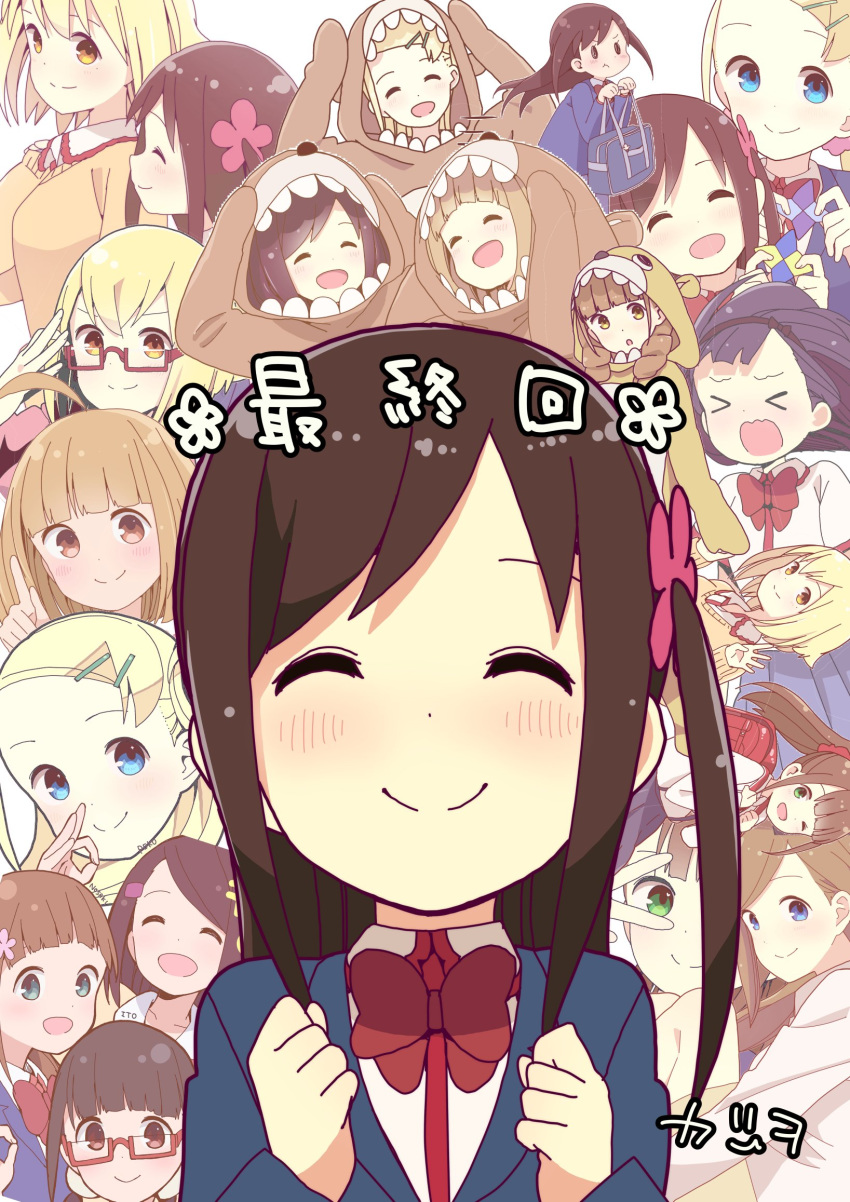>_<, 6+girls, adjusting_eyewear, ahoge, animal_costume, backpack, bag, bear_costume