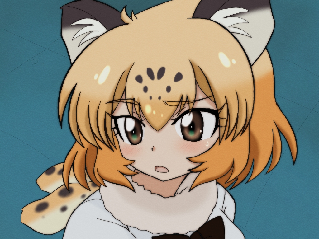 1girl, animal_ears, animal_print, bishoujo_senshi_sailor_moon, black_hair, bow, bowtie, brown_hair, confused, derivative_work, eyebrows_visible_through_hair, fur_scarf, hair_between_eyes, jaguar_(kemono_friends), jaguar_ears, kakeru_(msjatl80), kemono_friends, looking_to_the_side, medium_hair, meme, multicolored_hair, open_mouth, orange_hair, print_scarf, sailor_moon_redraw_challenge, scarf, screencap_redraw, shirt, solo, two-tone_hair