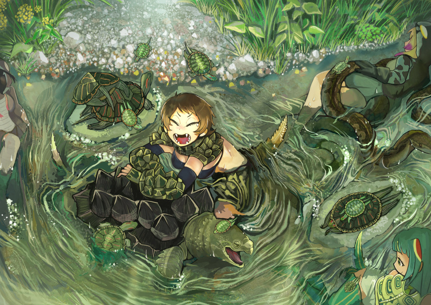 3girls, absurdres, african_rock_python_(kemono_friends), alligator_snapping_turtle_(kemono_friends), animal, bare_shoulders, bikini, bikini_top