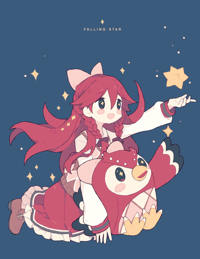 +_+, 2girls, :d, black_eyes, blue_background, blush_stickers, bow, braid