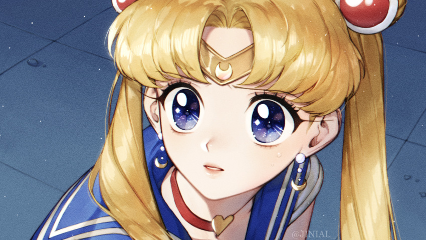 1girl, bishoujo_senshi_sailor_moon, blonde_hair, blue_eyes, choker, crescent, crescent_earrings, derivative_work