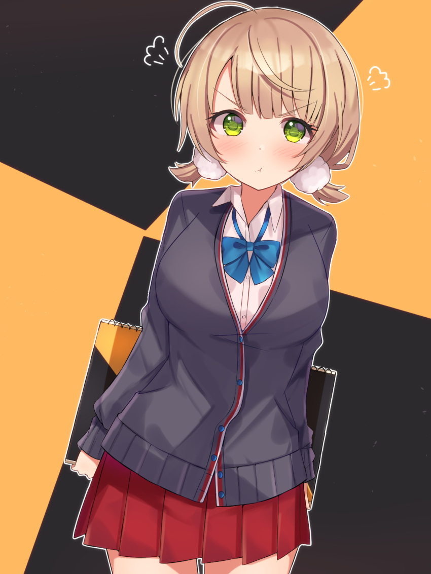 1girl, alternate_costume, arms_behind_back, beret, blush, breasts, commentary_request, green_eyes