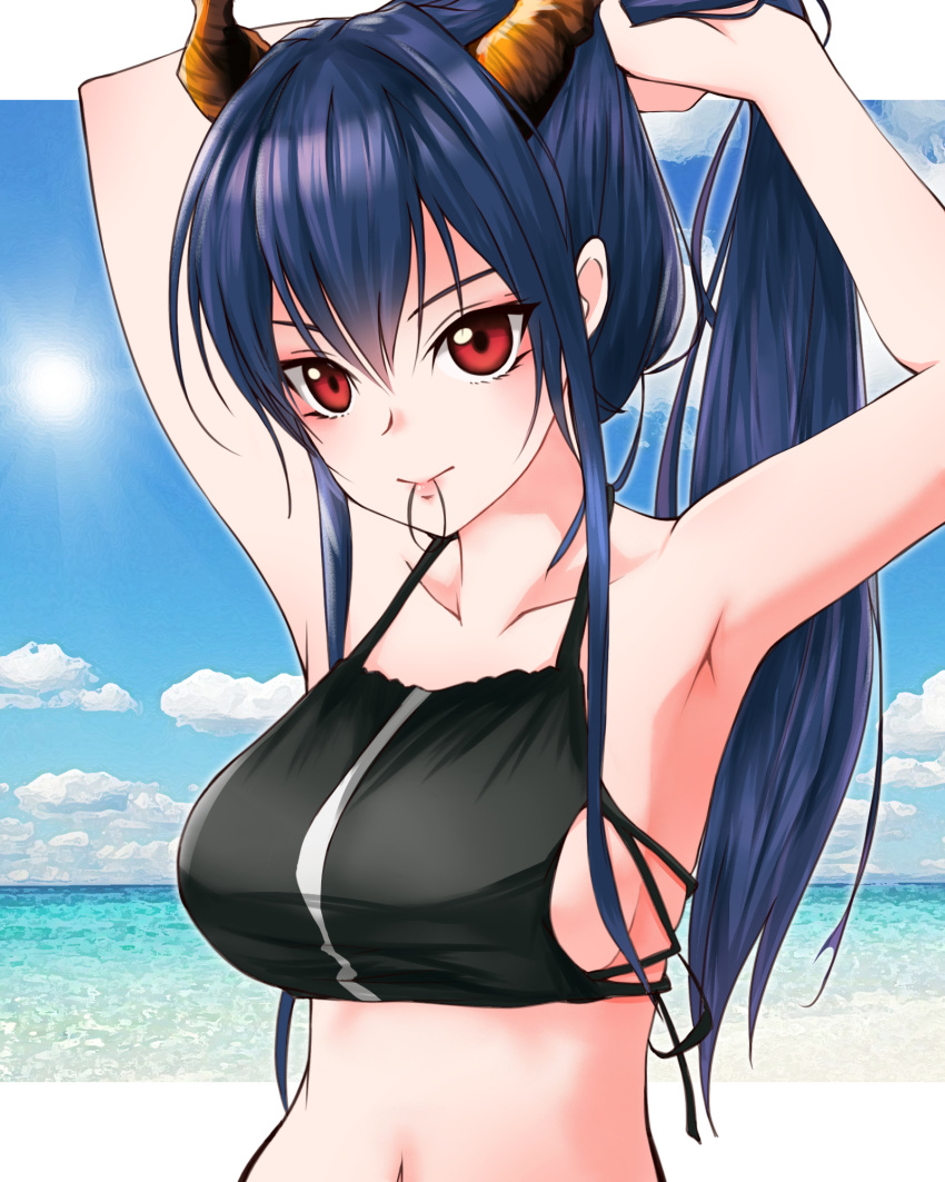1girl, arknights, armpits, arms_up, bangs, bare_arms, bare_shoulders, bikini