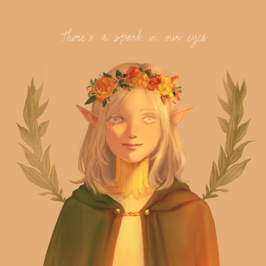 1boy, absurdres, androgynous, blonde_hair, brown_background, cape, closed_mouth, commentary