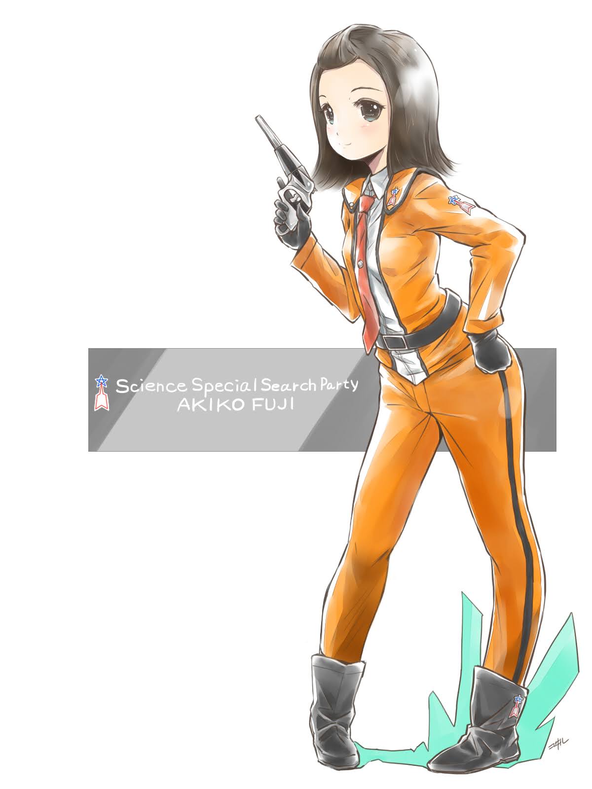 1girl, black_eyes, black_gloves, black_hair, blush, character_name, forehead, fuji_akiko, gloves, gun, hand_on_hip, highres, holding, holding_gun, holding_weapon, jacket, kowiru, orange_jacket, orange_pants, short_hair, smile, solo, ultra_series, ultraman_(1st_series), weapon, white_background