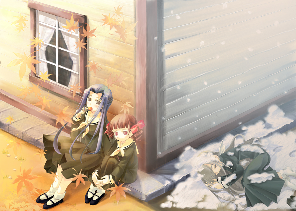 drill_hair, eating, hosokawa_kanako, kaoru_kozu, leaf, leaves, lying, maria-sama_ga_miteru, matsudaira_touko, sitting, snow, toudou_shimako