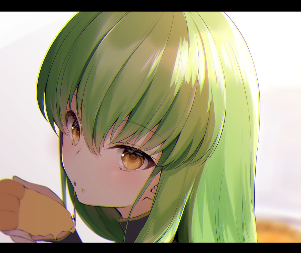 1girl, bangs, blurry, blurry_background, blush, c.c., close-up, code_geass