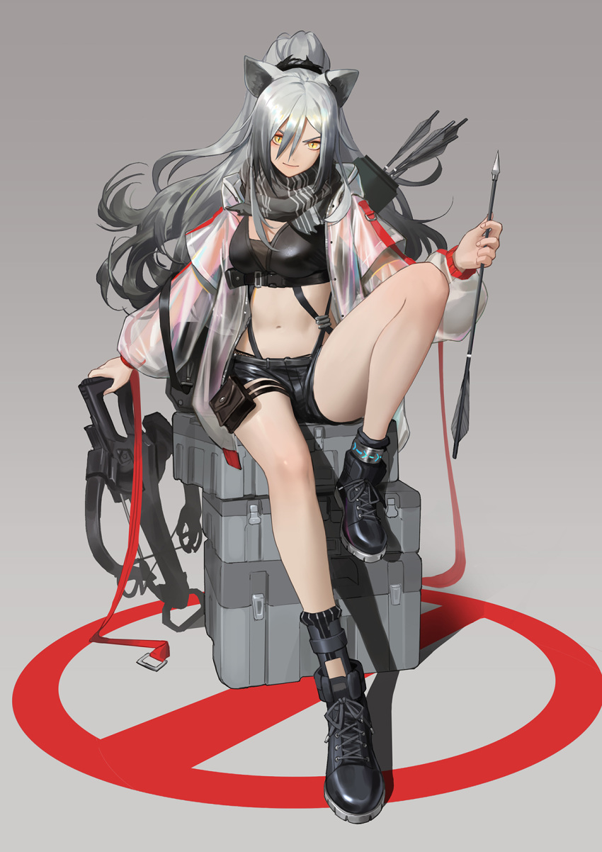 >:), 1girl, animal_ears, ankle_boots, arknights, arrow_(projectile), bangs, bare_legs, black_footwear, black_scarf, black_shorts, boots, bow_(weapon), box, breasts, cat_ears, chinese_commentary, commentary_request, crop_top, crossbow, grey_background, hair_between_eyes, highres, holding, holding_arrow, holding_bow_(weapon), holding_weapon, jacket, kirino_ttk, knee_up, long_hair, long_sleeves, looking_at_viewer, medium_breasts, midriff, navel, no_symbol, open_clothes, open_jacket, pouch, quiver, scarf, schwarz_(arknights), see-through, short_shorts, shorts, silver_hair, simple_background, sitting, smile, solo, stomach, thigh_strap, thighs, v-shaped_eyebrows, weapon, yellow_eyes