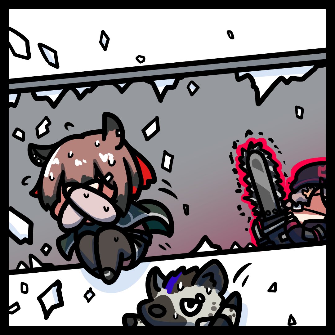 1boy, 2girls, animal_ears, arknights, autodefenestration, black_legwear, broken_glass, broken_window