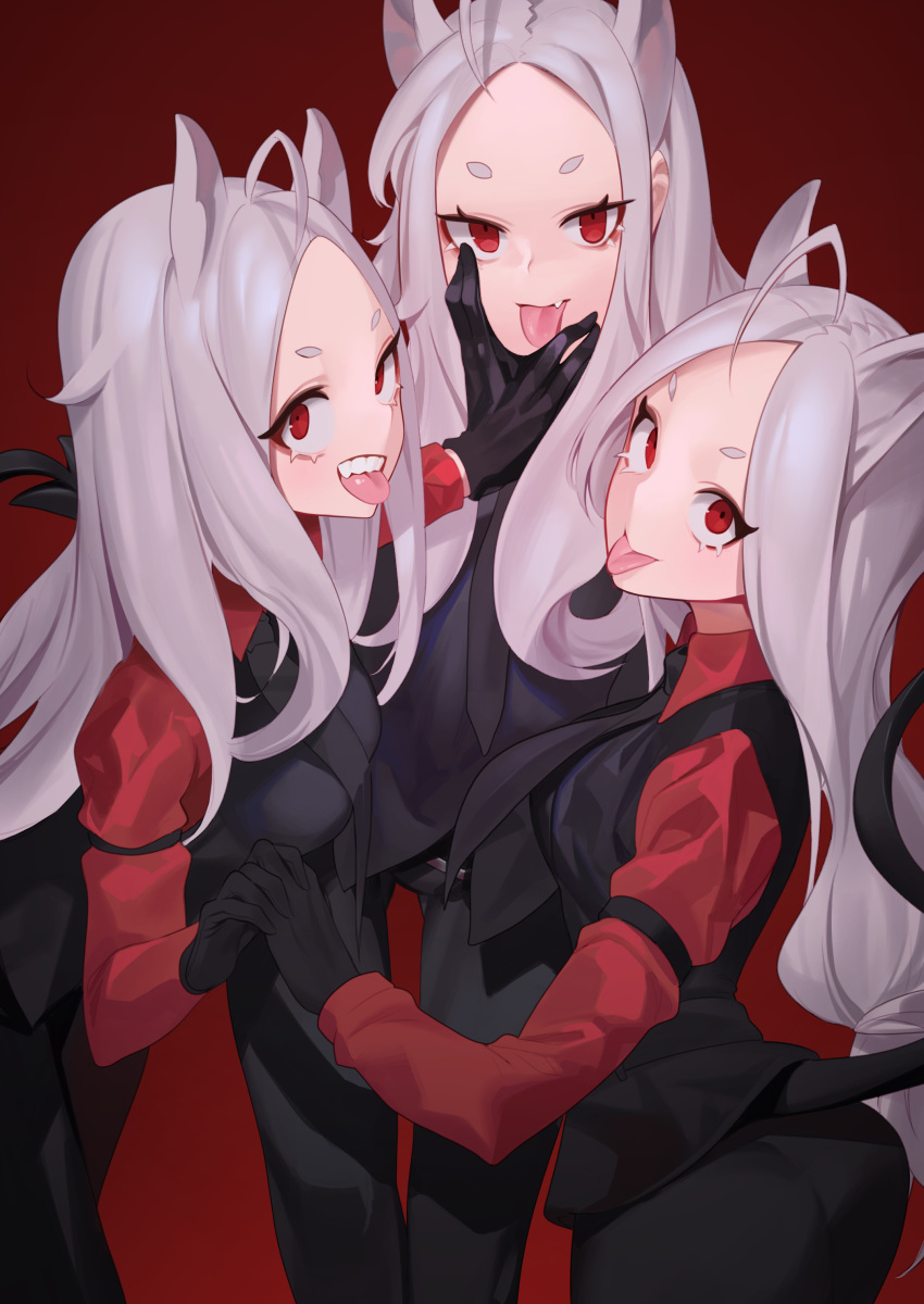 3girls, absurdres, ahoge, animal_ears, bangs, black_gloves, black_pants, black_vest