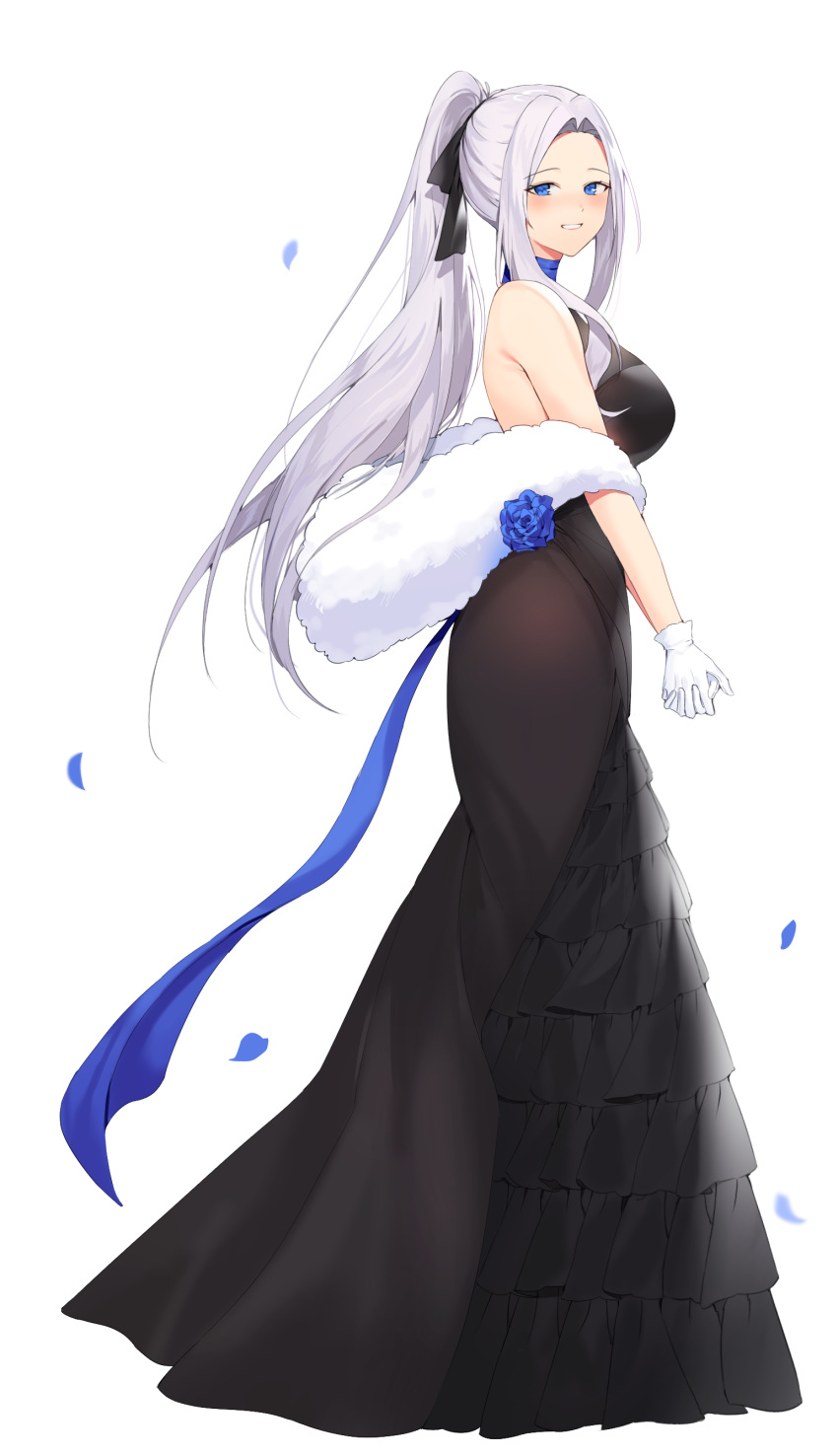 1girl, :d, absurdres, azur_lane, bare_shoulders, black_dress, blue_eyes, blue_flower