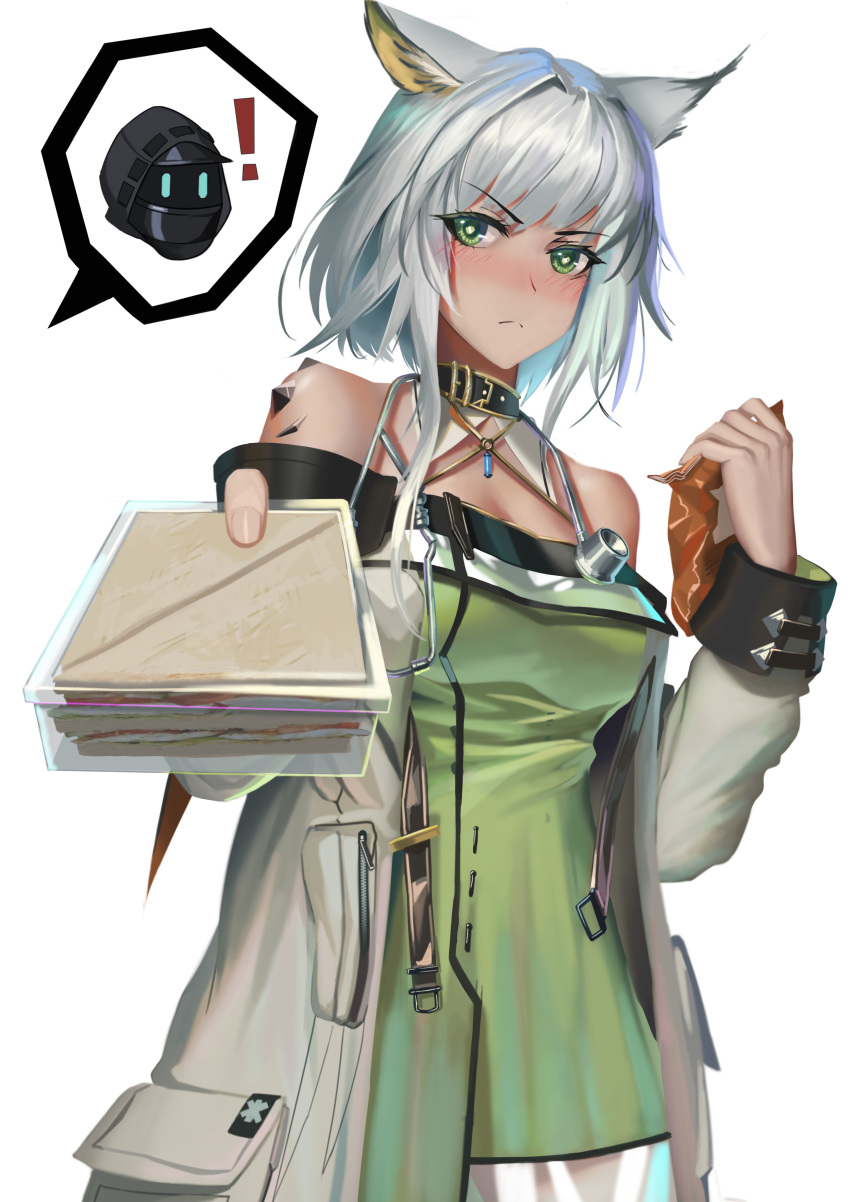 !, 1girl, 1other, absurdres, arknights, bare_shoulders, blush, breasts