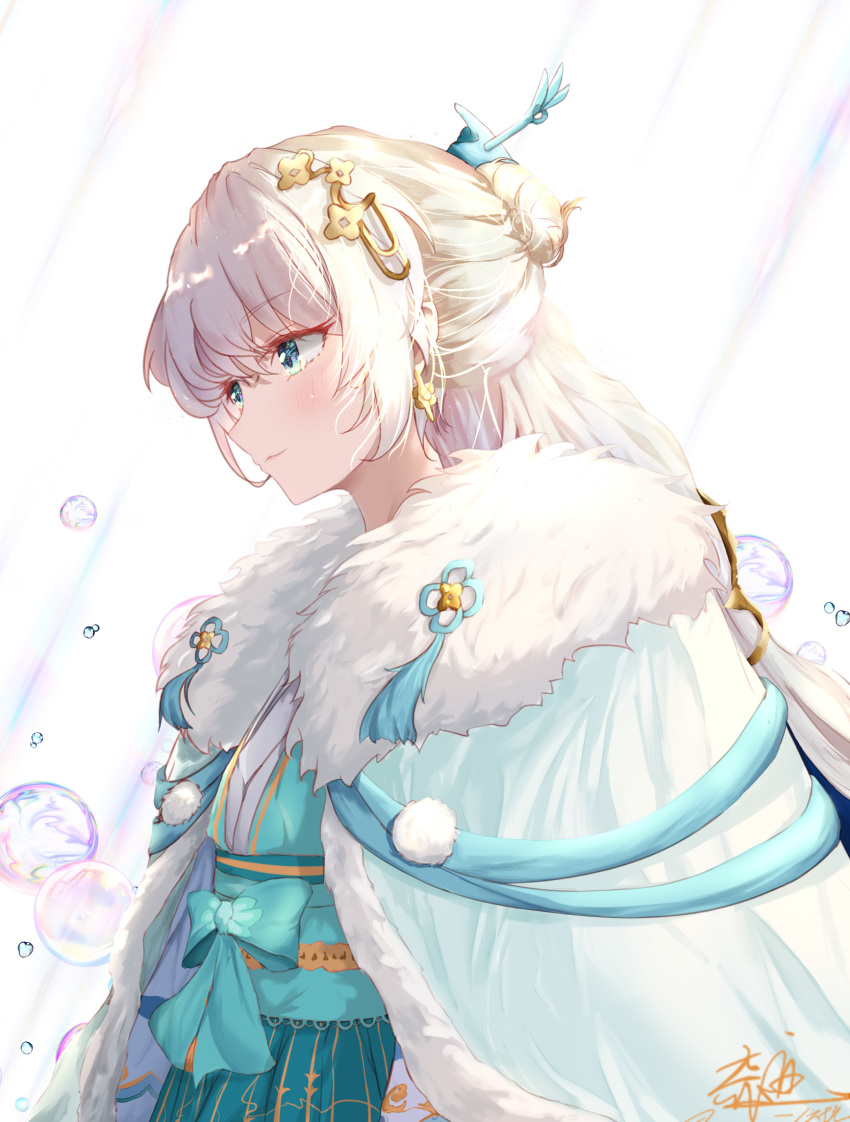 1girl, 60yifenzhi1deqiji, aqua_kimono, blue_bow, blue_eyes, blush, bow, commentary_request