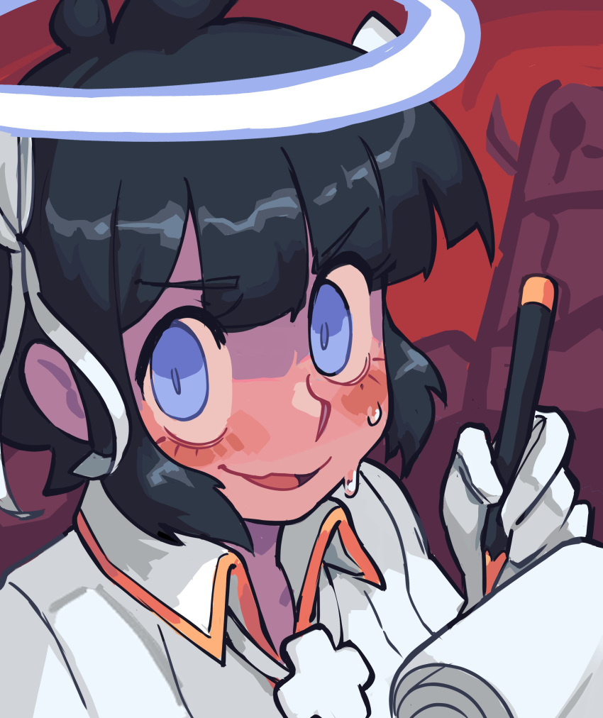1girl, absurdres, angel, arm_behind_back, black_hair, blue_eyes, blush, breasts