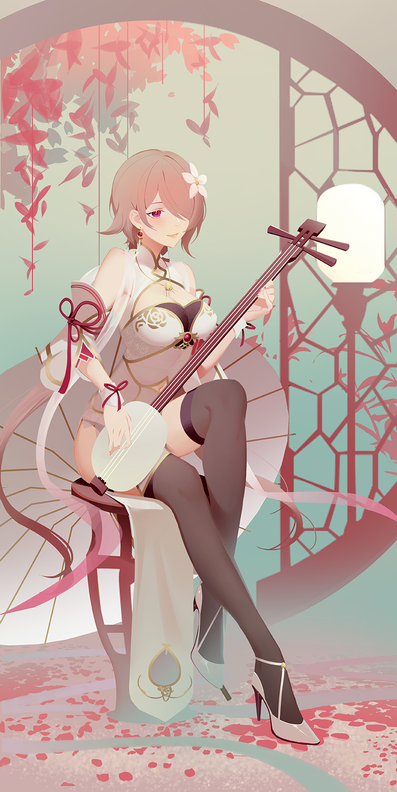 1girl, black_legwear, blush, brown_hair, china_dress, chinese_clothes, commentary_request, dress