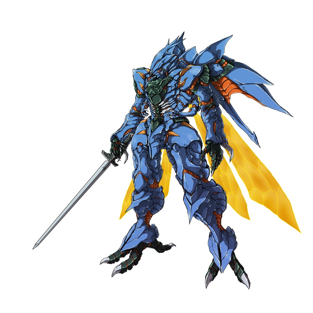 clenched_hand, daigouzi, dunbine, holding, holding_sword, holding_weapon, insect_wings, mecha, no_humans, open_hand, redesign, seisenshi_dunbine, solo, sword, weapon, white_background, wings