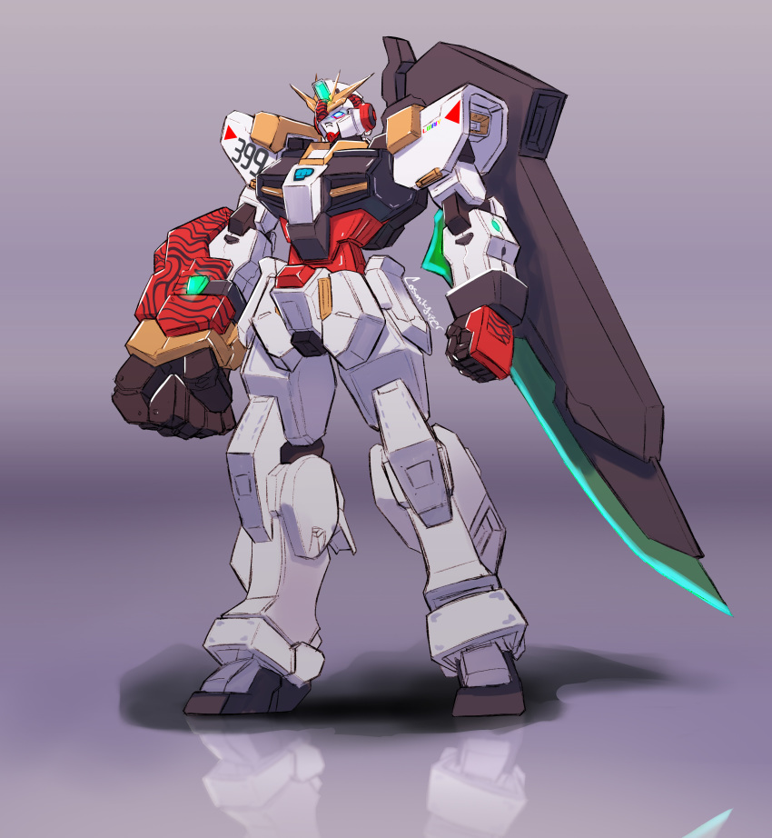 absurdres, blue_eyes, clenched_hands, cosmikaizer, glowing, glowing_eyes, grey_background, gundam