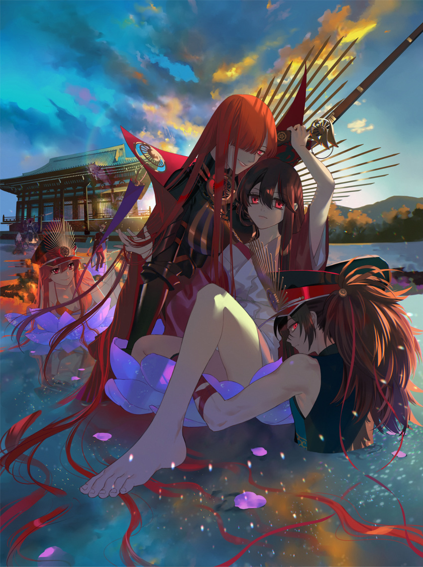 3girls, 4boys, akechi_mitsuhide_(fate/grand_order), antique_firearm, architecture, bangs, barefoot, black_hair