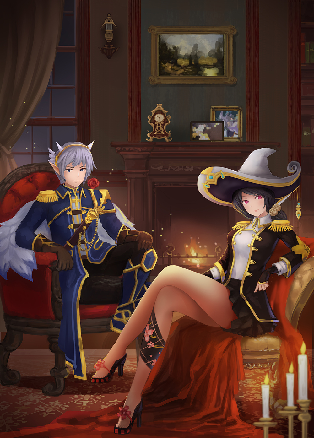 1boy, 1girl, black_footwear, black_gloves, blue_footwear, brown_gloves, candle, chair