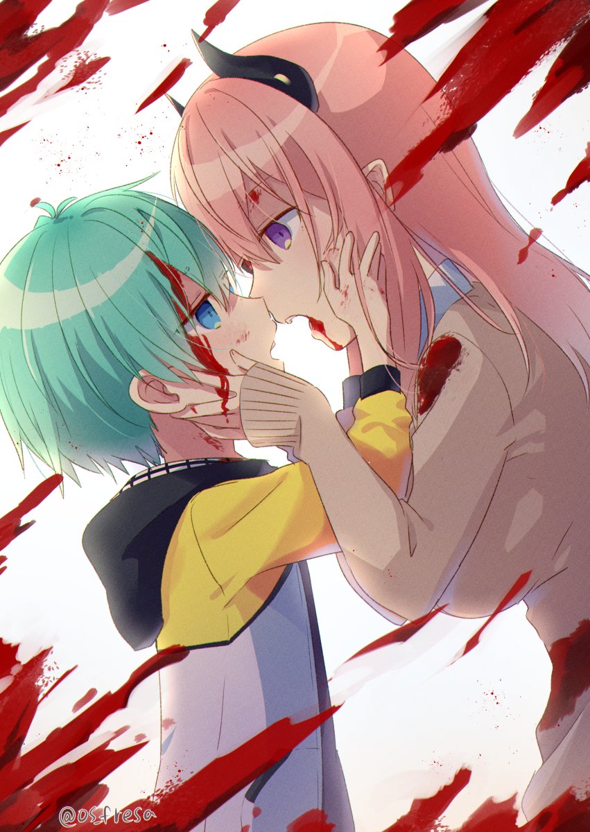 1boy, 1girl, age_difference, blood, blood_on_face, caress, child, headphones