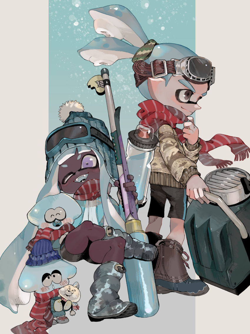 1boy, 1girl, ;d, bike_shorts, black_eyes, blue_hair, blue_headwear, blue_jacket