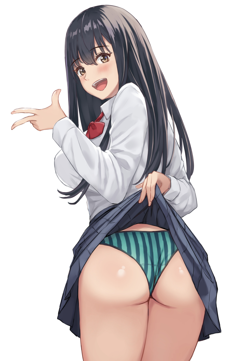 1girl, :d, arm_behind_back, ass, back, bangs, black_hair, blush