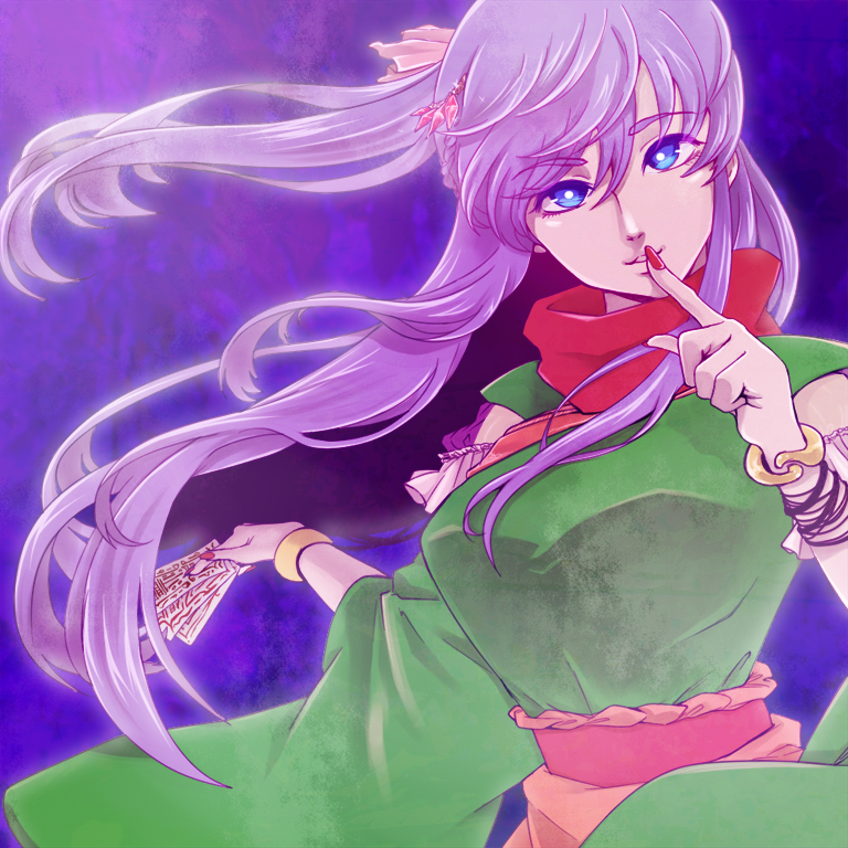 1girl, blue_background, blue_eyes, bow, bracelet, braid, breasts, chinese_clothes, detached_sleeves, finger_to_mouth, french_braid, hair_blowing, hair_bow, hair_ornament, holding, holding_paper, index_finger_raised, jewelry, karaurikara, large_breasts, light_smile, long_hair, looking_at_viewer, moonlight, nail_polish, night, original, paper, parted_lips, red_nails, solo, upper_body, wide_sleeves