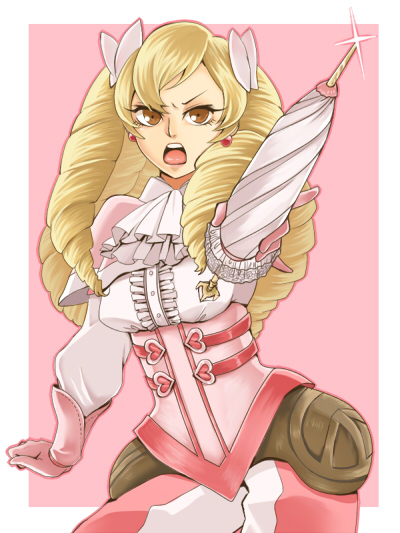 1girl, angry, ascot, blonde_hair, bow, brown_eyes, capelet, corset