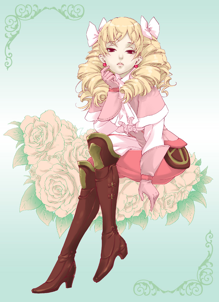 1girl, arm_support, ascot, blonde_hair, boots, bow, brown_footwear, capelet
