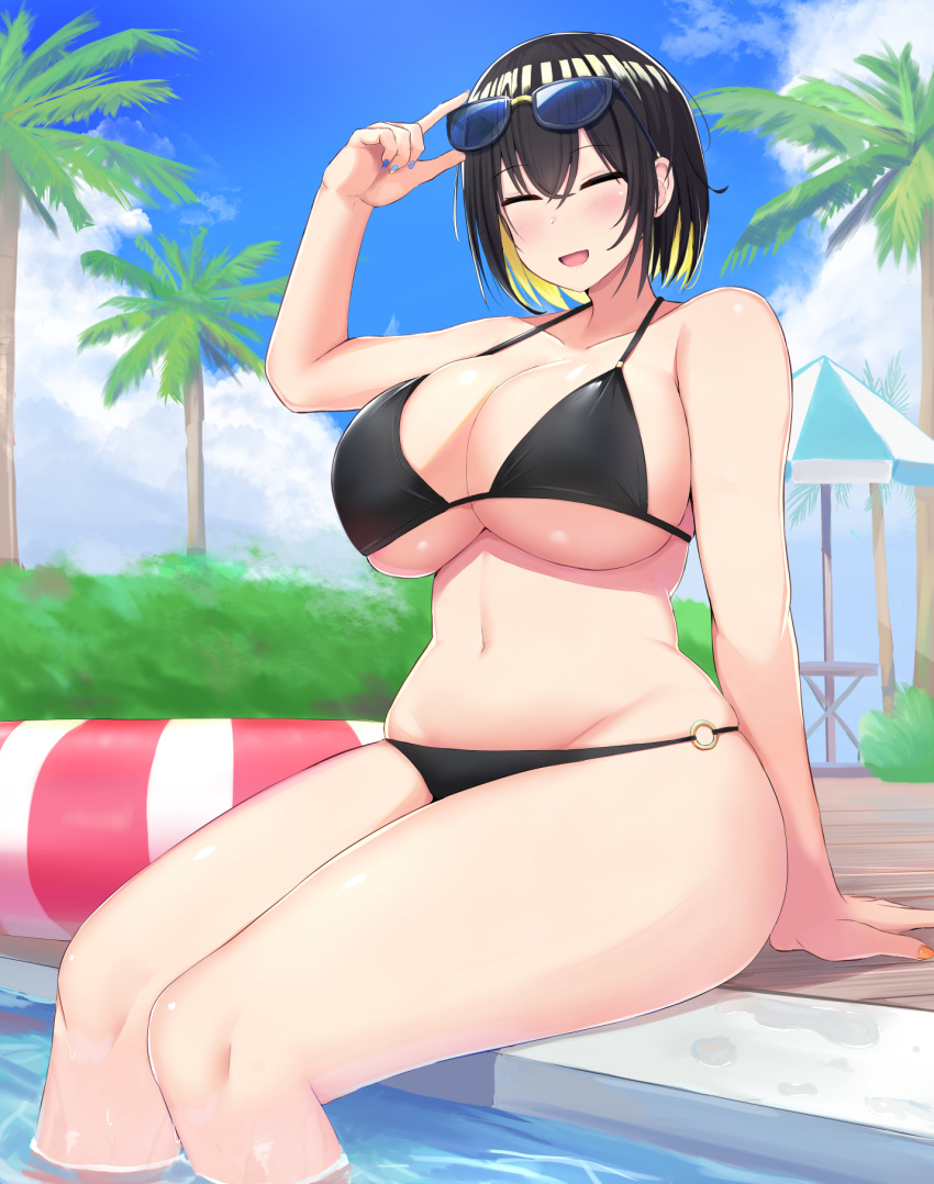 1girl, beach_umbrella, bikini, black_bikini, black_hair, blonde_hair, blue_sky, breasts