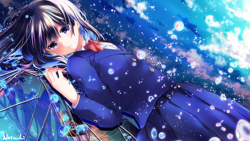 1girl, black_hair, blue_skirt, bow, bubble, different_reflection, hihooo, long_sleeves