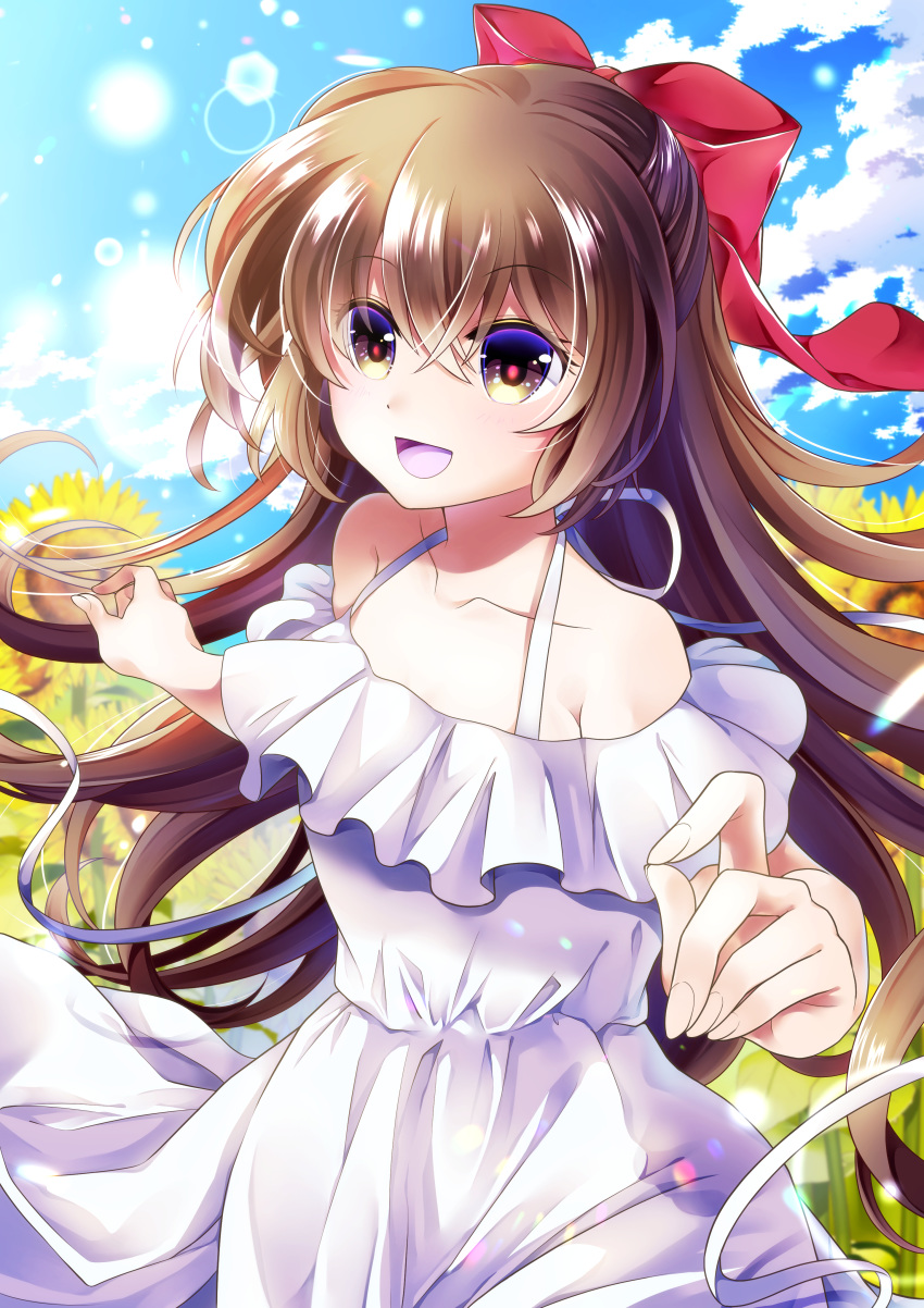 1girl, :d, absurdres, bow, brown_hair, day, dress, flower