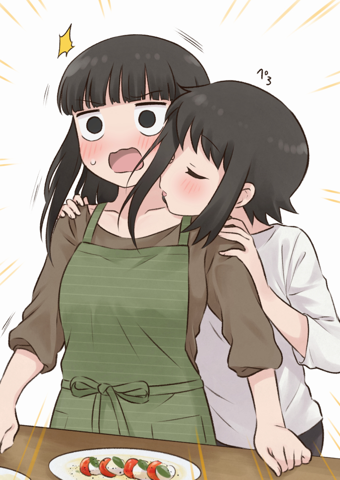 2girls, apron, bernard-jou_iwaku., black_eyes, black_hair, caprese_salad, closed_eyes, food