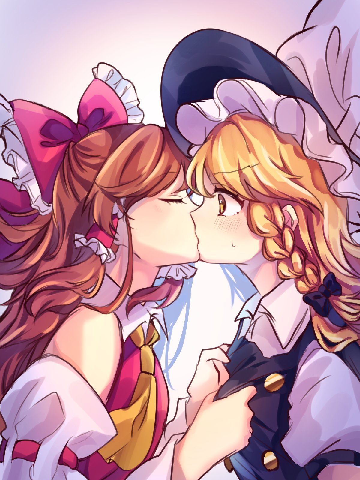 2girls, asanagi_ron, bare_shoulders, blonde_hair, blue_bow, bow, braid, brown_hair