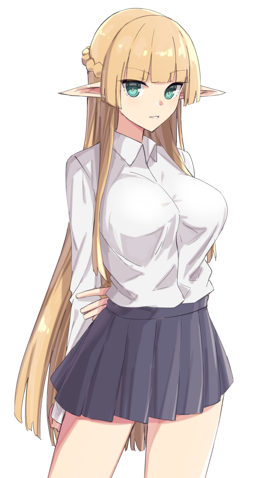 1girl, arms_behind_back, bangs, blonde_hair, blunt_bangs, braid, breasts, collared_shirt, dress_shirt, elf, elfenlied22, french_braid, green_eyes, grey_skirt, highres, large_breasts, long_hair, long_sleeves, looking_at_viewer, original, pointy_ears, shirt, simple_background, skirt, thighs, white_background, white_shirt