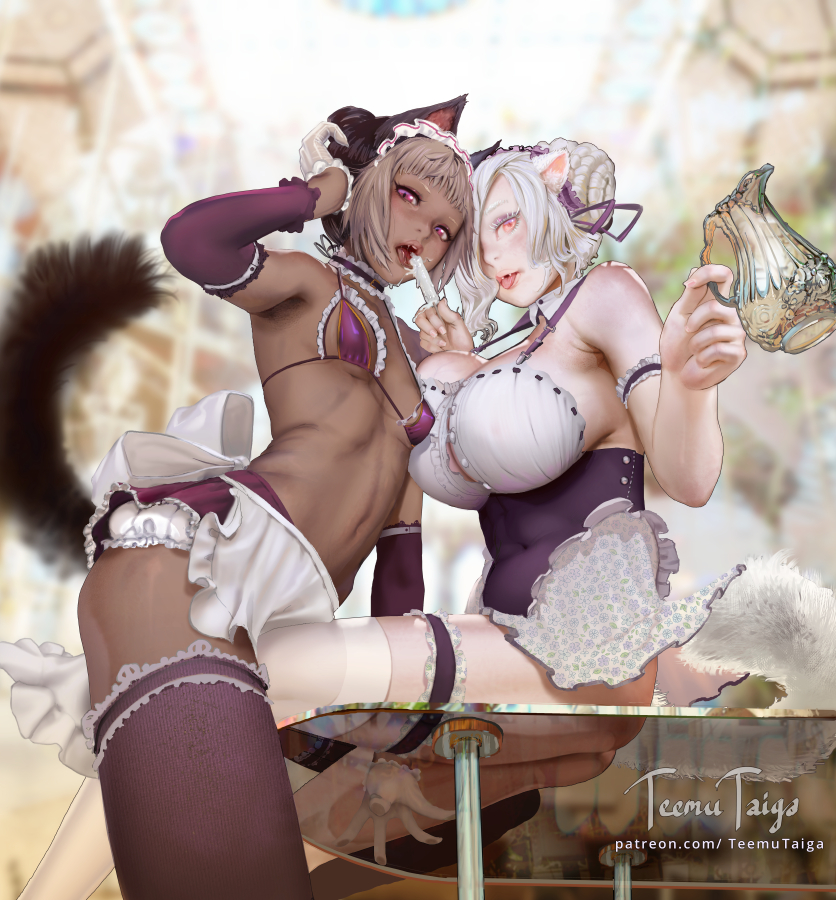 animal_ears, apron, arm_garter, bangs, bikini, blurry, blurry_background, blush