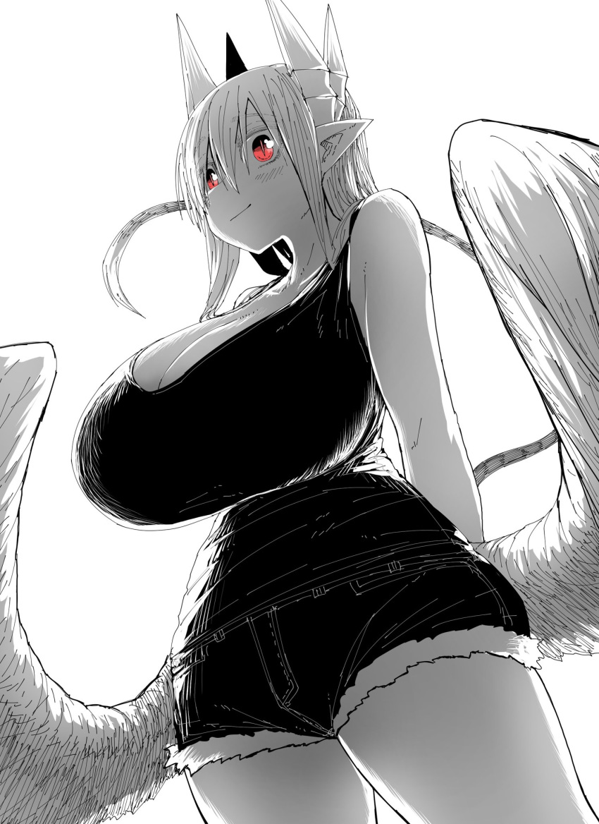1girl, arms_behind_back, black_tank_top, breasts, cropped_legs, demon_horns, denim, denim_shorts, feathered_wings, feathers, highres, horns, huge_breasts, juugoya_(zyugoya), limited_palette, long_hair, lorem_(musuko_ga_kawaikute_shikatanai_mazoku_no_hahaoya), musuko_ga_kawaikute_shikatanai_mazoku_no_hahaoya, red_eyes, shorts, tank_top, thick_thighs, thighs, white_background, white_hair, white_horns, wings