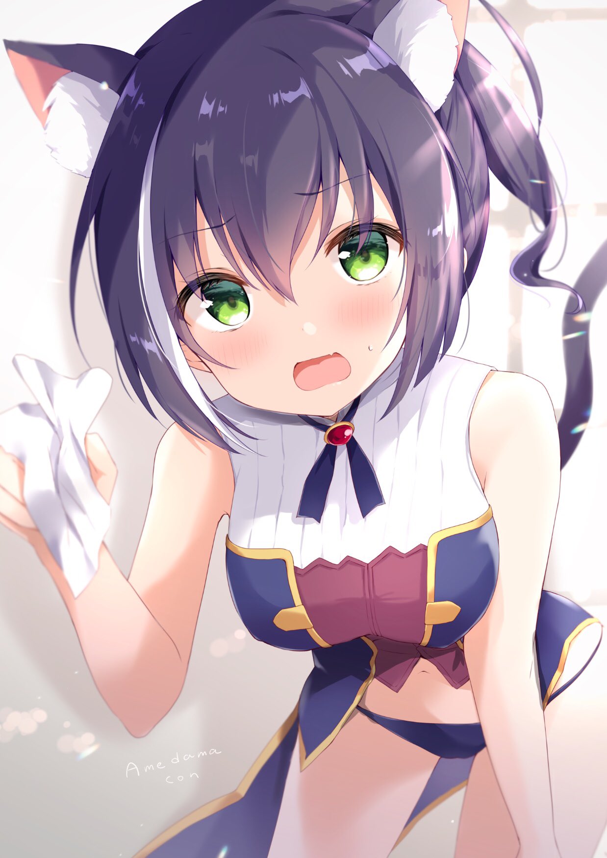 1girl, amedamacon, animal_ear_fluff, animal_ears, bangs, bare_arms, bare_shoulders, black_hair