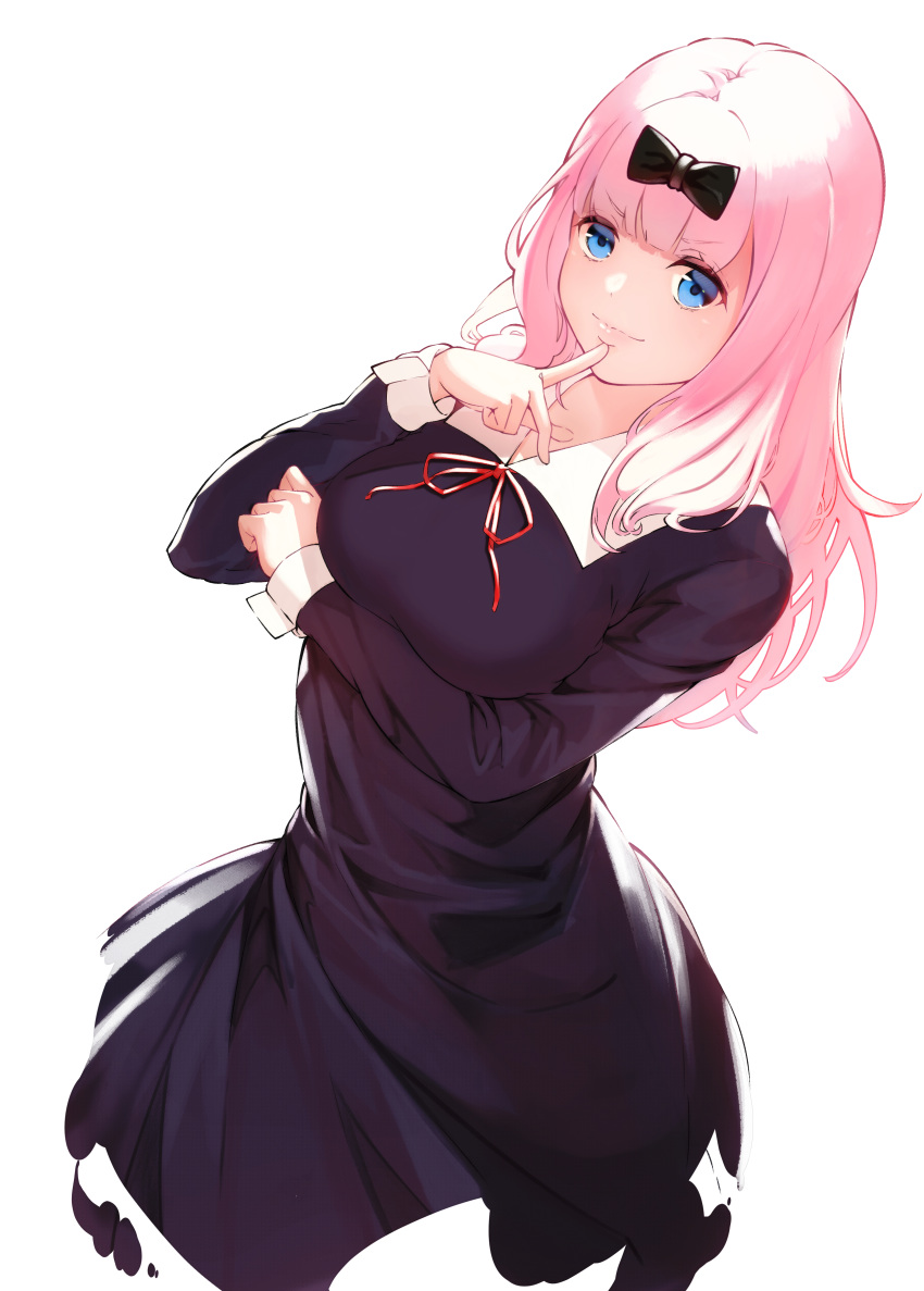 1girl, absurdres, bangs, black_bow, black_dress, blue_eyes, bow, breast_hold