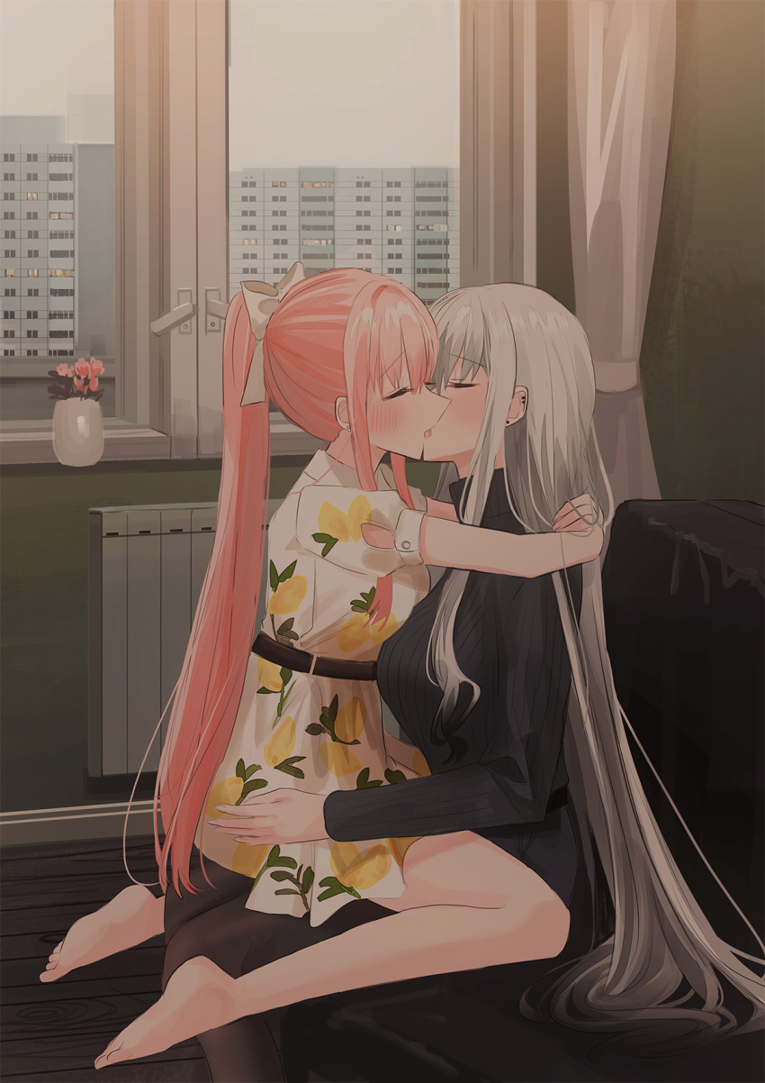 2girls, bangs, black_hair, black_legwear, black_shorts, black_sweater, blush, bow