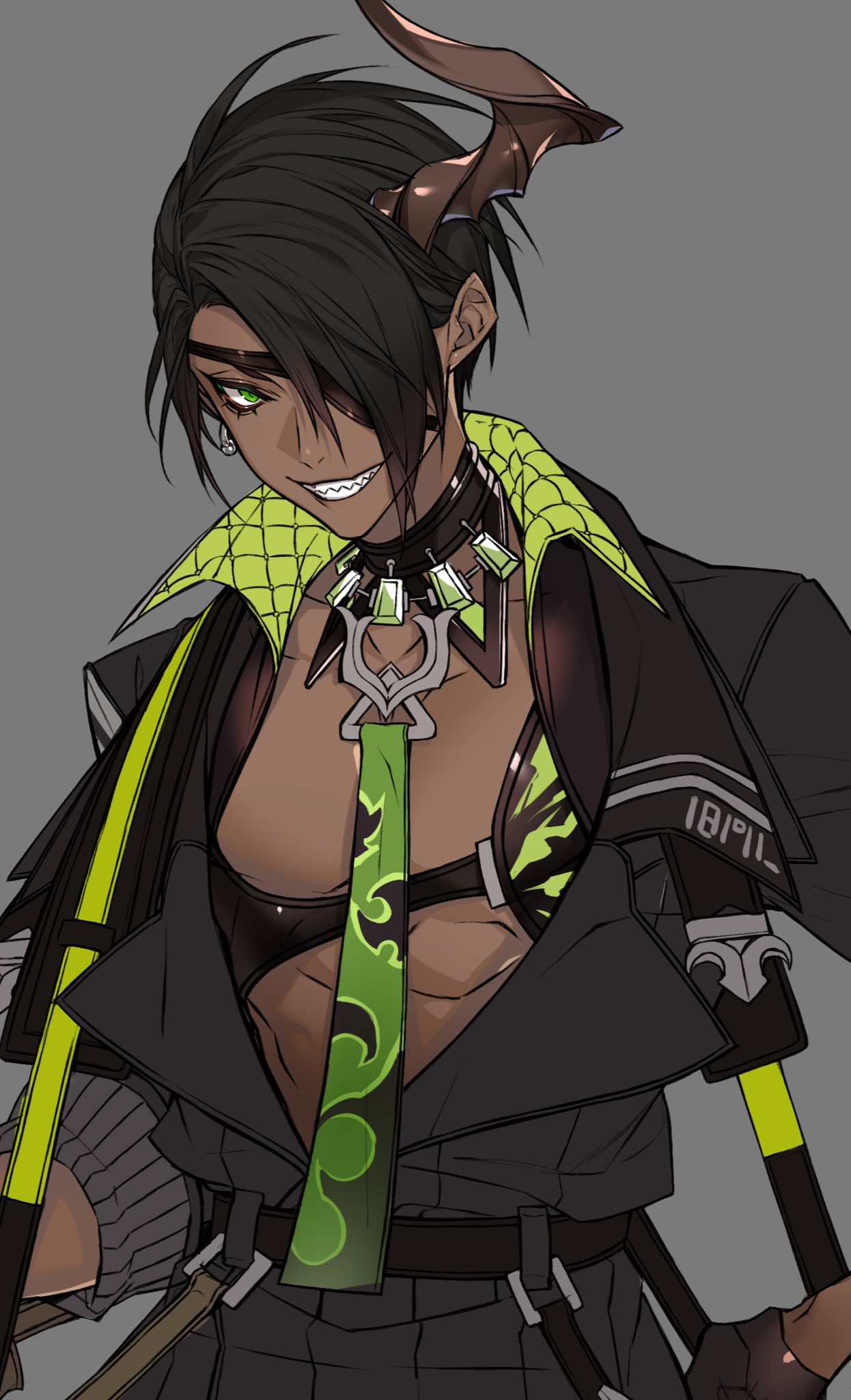 1boy, aragami_ouga, black_choker, black_hair, chest, choker, dark_skin, dark_skinned_male