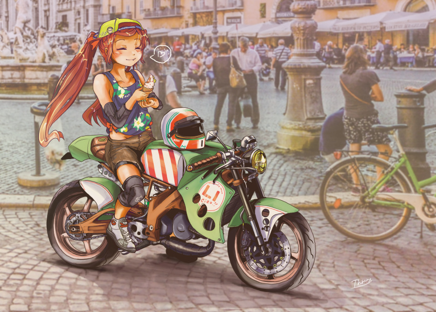 absurdres, alternate_costume, aprilia_rs125, arm_warmers, backwards_hat, baseball_cap, black_shirt, brown_footwear