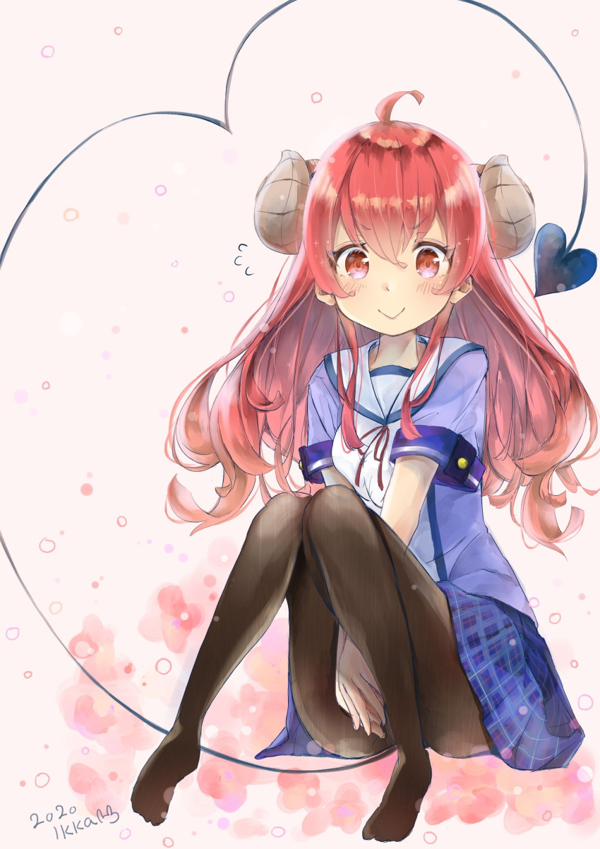 ahoge, blush, brown_hair, coffeeikka, curled_horns, demon_girl, demon_horns, demon_tail, eyebrows_visible_through_hair, highres, horns, long_hair, machikado_mazoku, pantyhose, pink_background, school_uniform, simple_background, solo, tail, yoshida_yuuko_(machikado_mazoku)