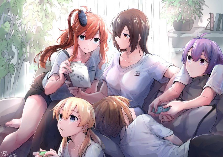 5girls, absurdres, alternate_costume, bangs, black_hair, black_shorts, blonde_hair, book, breasts, brown_hair, closed_eyes, closed_mouth, clothes_writing, controller, couch, game_controller, hair_ornament, highres, holding, holding_book, holding_game_controller, indoors, joy-con, kantai_collection, long_hair, lying, multiple_girls, mutsu_(kantai_collection), nagato_(kantai_collection), nintendo_switch, on_side, open_mouth, pin.s, plant, playing_games, ponytail, prinz_eugen_(kantai_collection), purple_hair, sakawa_(kantai_collection), saratoga_(kantai_collection), shirt, short_hair, short_sleeves, shorts, side_ponytail, signature, sitting, smokestack_hair_ornament, stay_at_home, twintails