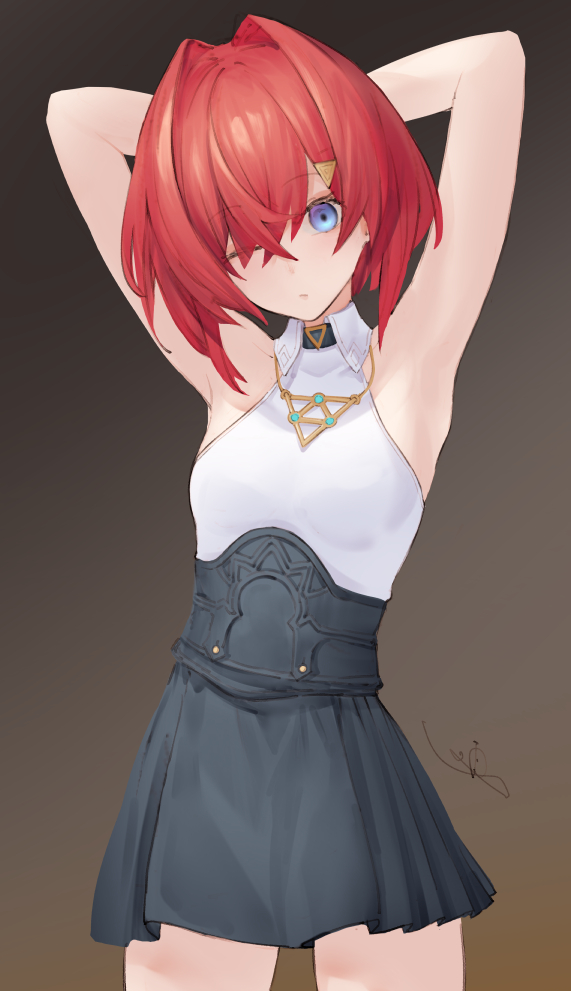 1girl, ange_katrina, armpits, arms_behind_head, bangs, blue_eyes, breasts, dress