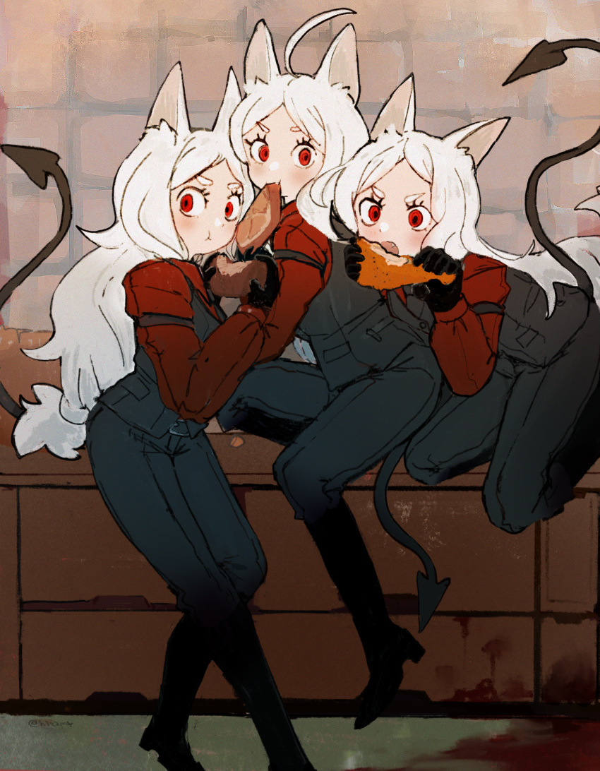 3girls, animal_ears, black_pants, brick_wall, cerberus_(helltaker), collared_shirt, demon_girl, demon_tail