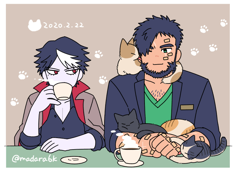 2boys, bandaid, beard, blue_hair, blue_jacket, cafe, cat, cat_day